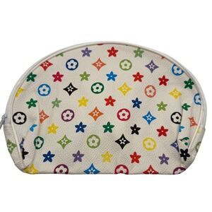 White Multicolored Monogram Cosmetic Makeup Pouch Bag Zipper‎ Closure
